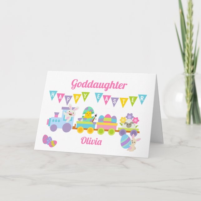 Goddaughter Happy Easter Bunny Train Pink Card (Front)