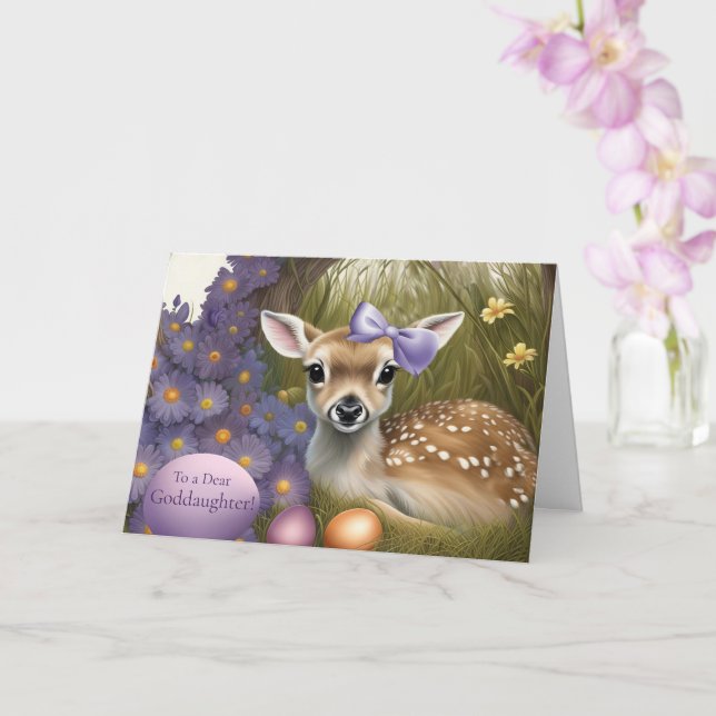 Goddaughter Happy Easter Cute Fawn with Eggs  Card (Orchid)