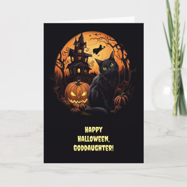 Goddaughter Happy Halloween Cute Black Cat Witch  Card (Front)