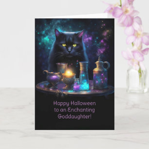 Goddaughter Happy Halloween with Cute Magical Cat Card