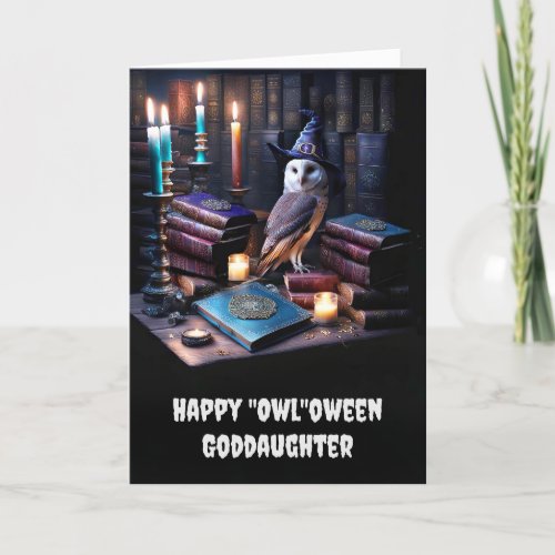 Goddaughter Happy Halloween with Owl Magical Books Card