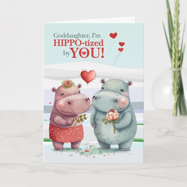 Goddaughter Hippopotamus Valentine's Day Holiday Card (Front)