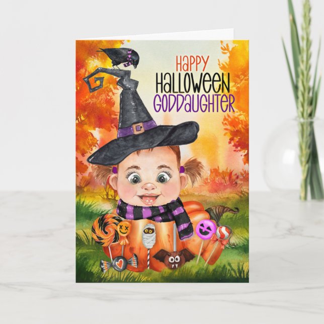 Goddaughter Little Witch Raven Halloween Pumpkin Holiday Card (Front)