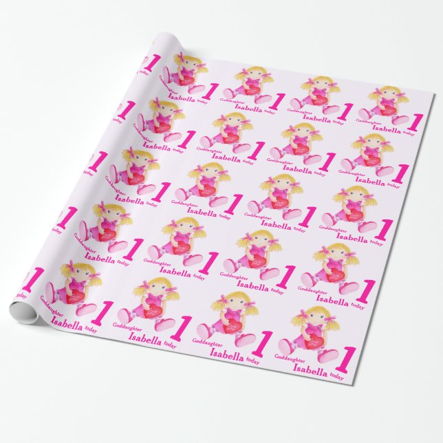 Goddaughter name rag doll art 1st birthday wrap wrapping paper (Unrolled)