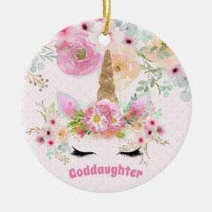 GODDAUGHTER Pink Gold Glitter Flowers Unicorn Face Ceramic Ornament