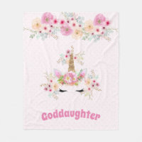 GODDAUGHTER Pink Gold Glitter Flowers Unicorn Face Fleece Blanket