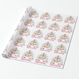 GODDAUGHTER Pink Gold Glitter Flowers Unicorn Face Wrapping Paper