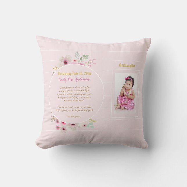 Goddaughter POEM Christening PHOTO Baptism Pink Throw Pillow (Front)