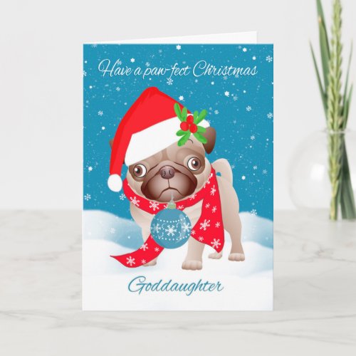 Goddaughter Pug Dog With Cute Santa Hat And Ornam Holiday Card