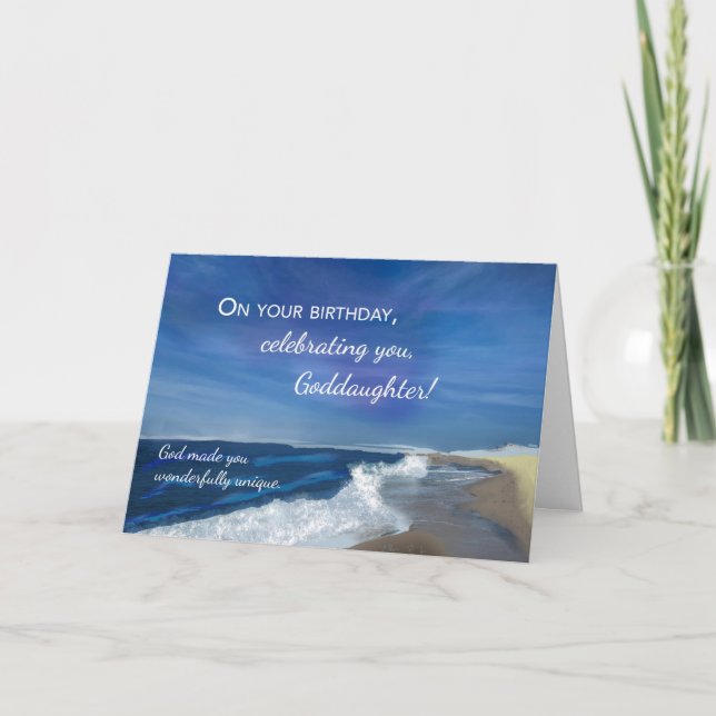 Goddaughter Religious Birthday Waves on Ocean Blue Card (Front)