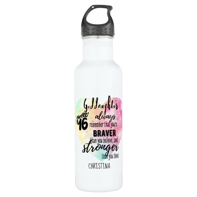 Goddaughter Sweet16 Quote Gift Braver Stronger Stainless Steel Water Bottle (Front)