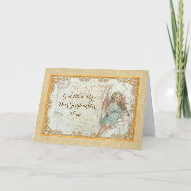 Goddaughter Vintage Art Angel Personalized Holiday Card (Front)