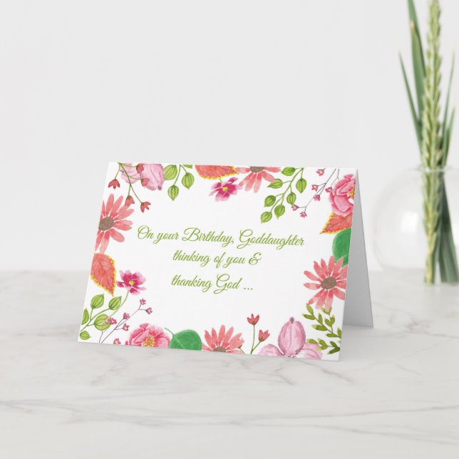 Goddaughter Watercolor Flowers Religious Birthday Card (Front)
