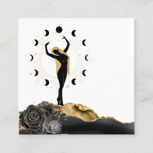  Goddess Black Gold Hair Moon Phases Sun Square Business Card
