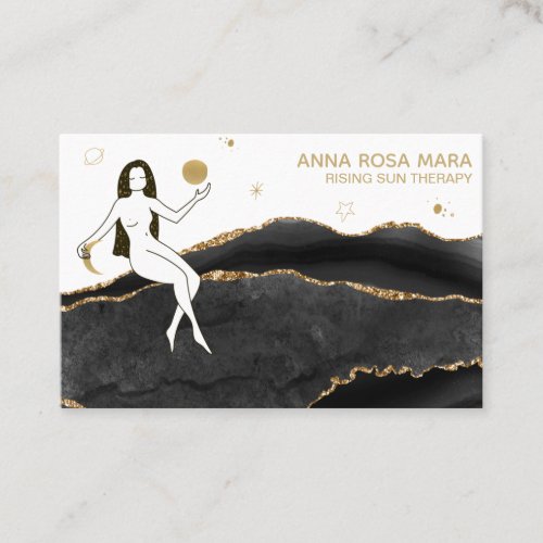  Goddess Celestial Black Gold Glitter Agate Business Card