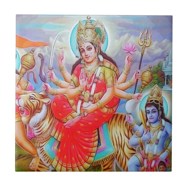 Goddess Durga Ji Painting Ceramic Tile (Front)