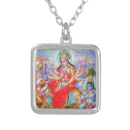 Goddess Durga Ji Painting Silver Plated Necklace