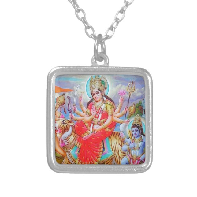 Goddess Durga Ji Painting Silver Plated Necklace (Front)