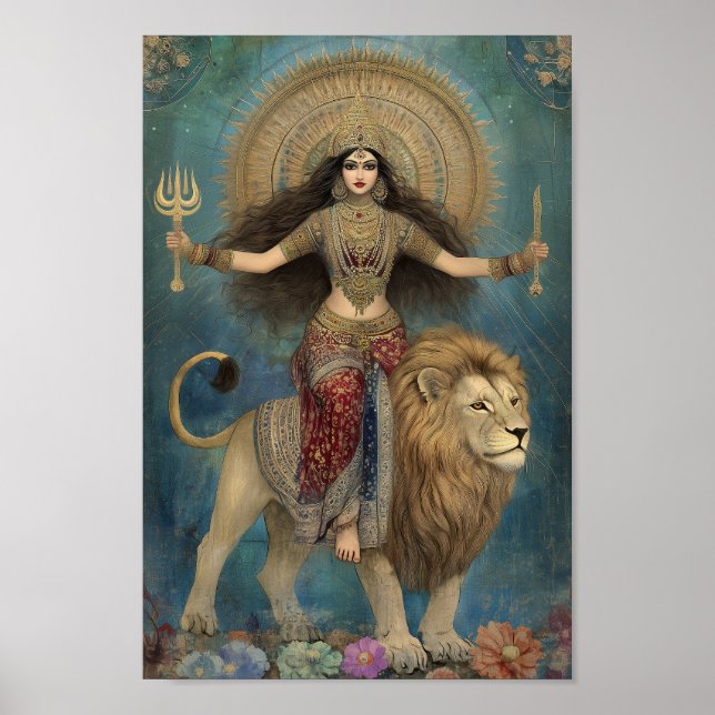 Goddess Durga riding Lion Turquoise Gold Art Poster (Front)