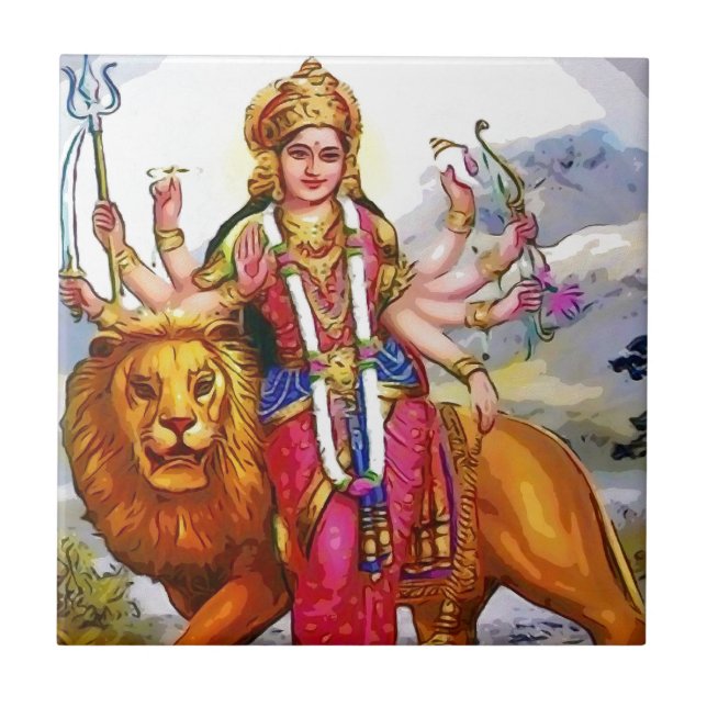 Goddess Durga with Lion Painting Ceramic Tile (Front)