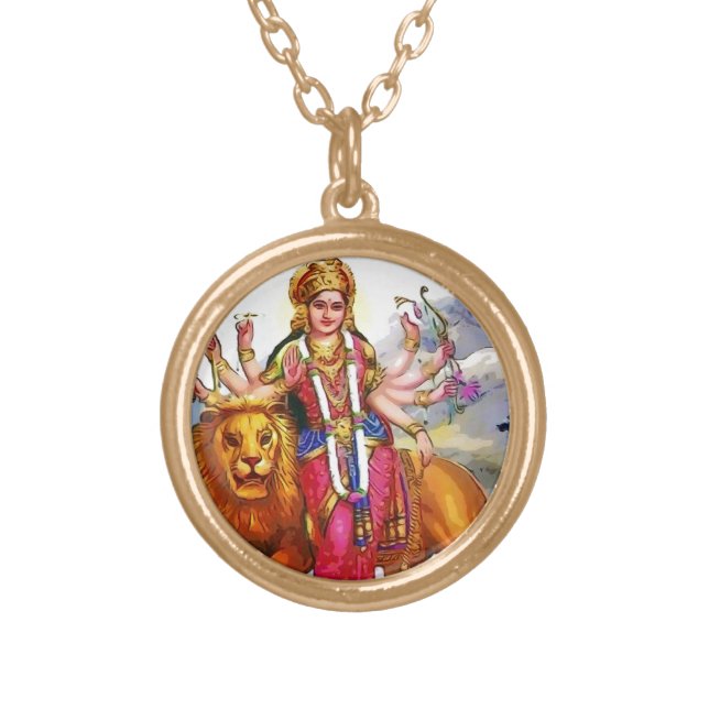 Goddess Durga with Lion Painting Gold Plated Necklace (Front)