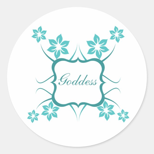 Goddess Floral Stickers, Turquoise Classic Round Sticker (Front)