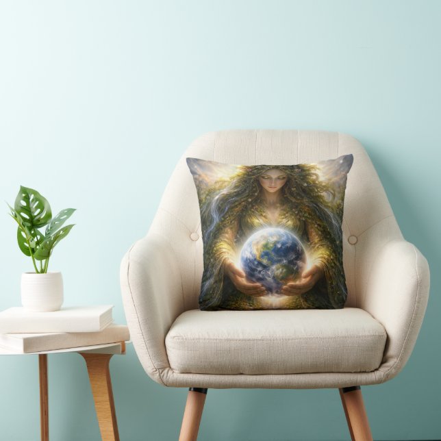 Goddess Gaia Gently Holding Planet Earth Throw Pillow (Chair)