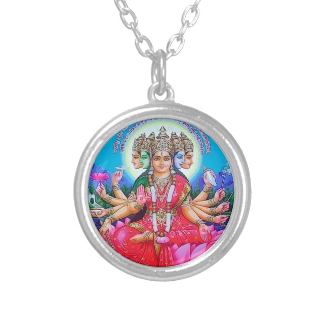 Goddess Gayatri Devi Deity Silver Plated Necklace (Front)