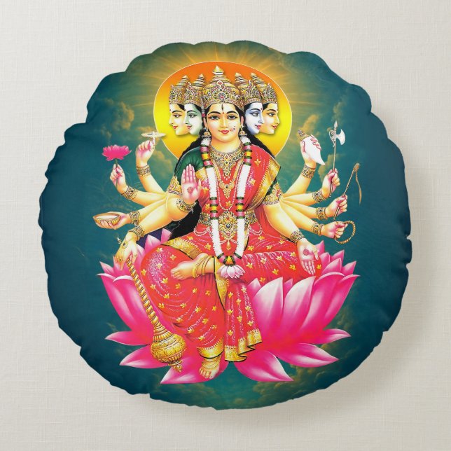 Goddess Gayatri Devi Hindu Deity Round Pillow (Front)