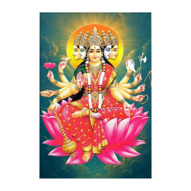 Goddess Gayatri Devi on Lotus Hindu Deity Acrylic Print (Front)