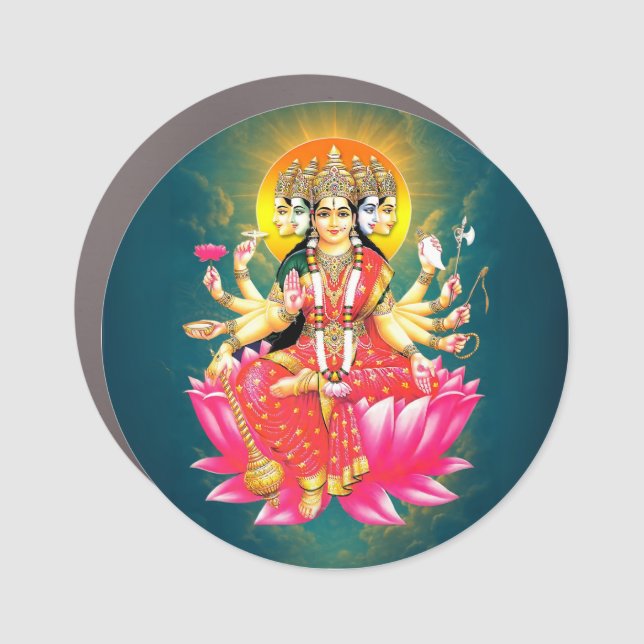 Goddess Gayatri Devi on Lotus Hindu Deity Car Magnet (Front)