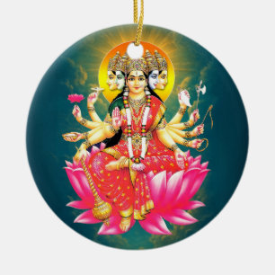 Goddess Gayatri Devi on Lotus Hindu Deity Ceramic Ornament