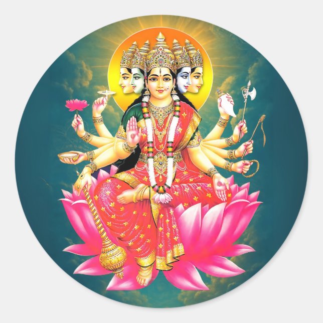 Goddess Gayatri Devi on Lotus Hindu Deity Classic Round Sticker (Front)