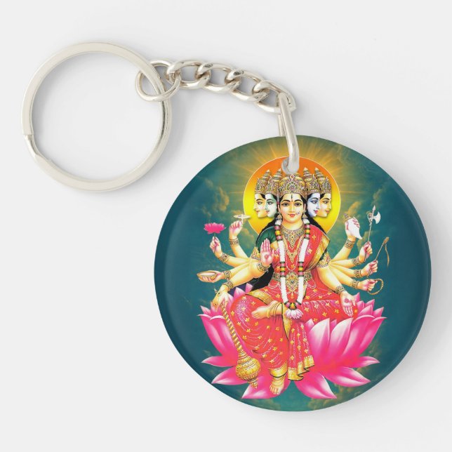 Goddess Gayatri Devi on Lotus Hindu Deity Keychain (Front)