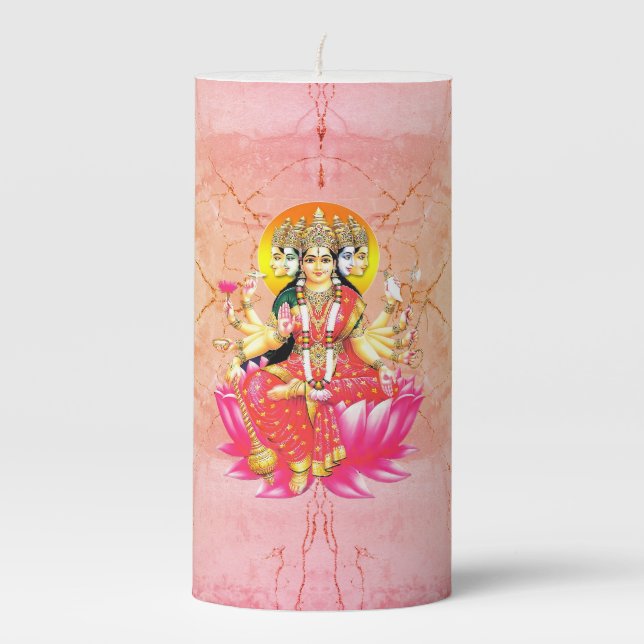 Goddess Gayatri Devi on Lotus Hindu Deity  Pillar Candle (Front)