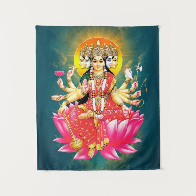 Goddess Gayatri Devi on Lotus Hindu Deity Tapestry (Front)