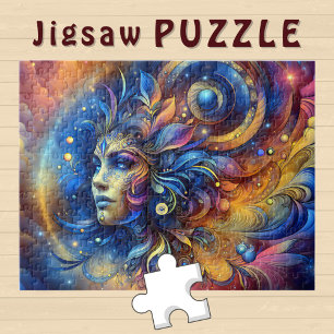 Goddess Head blue Feather in Hair August - Jigsaw Puzzle