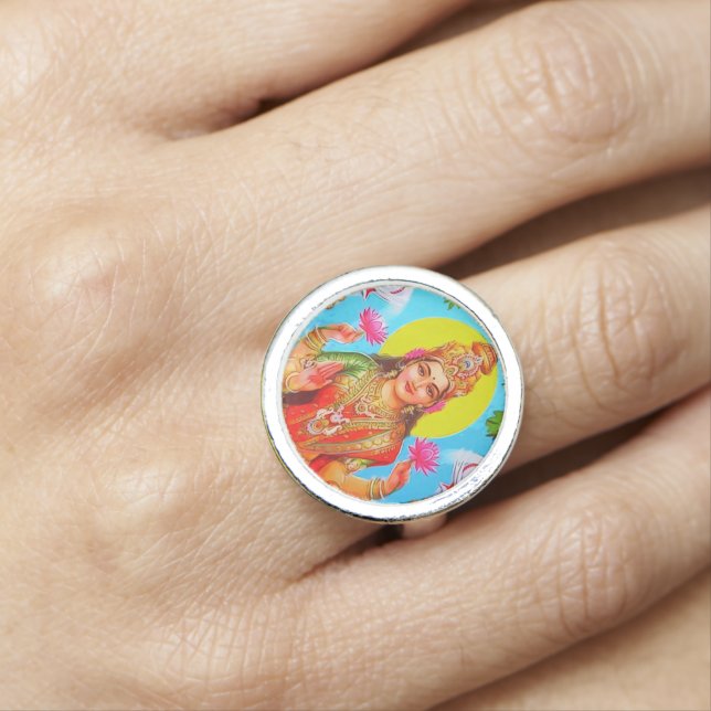 Goddess Lakshmi Pink Lotus Diwali Painting Ring (In Situ)