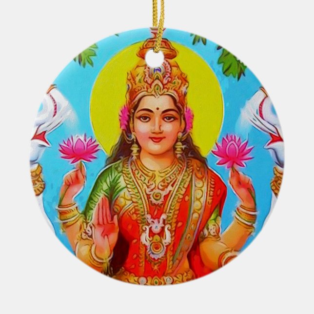 Goddess Lakshmi White Elephants Diwali Painting Ceramic Ornament (Front)