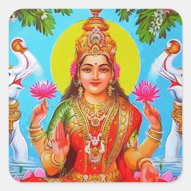 Goddess Lakshmi White Elephants Diwali Painting Square Sticker (Front)