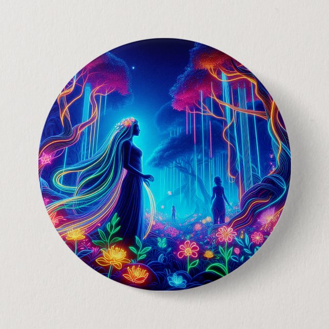 Goddess Neon Forest Of Light Fantasy fairytale art Button (Front)