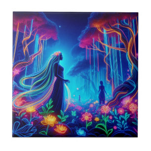 Goddess Neon Forest Of Light Fantasy fairytale art Ceramic Tile
