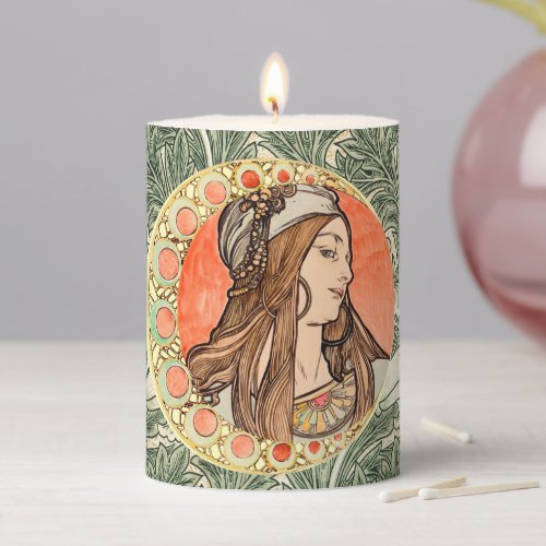 Goddess of beauty by Alphonse Maria Mucha  Pillar Candle
