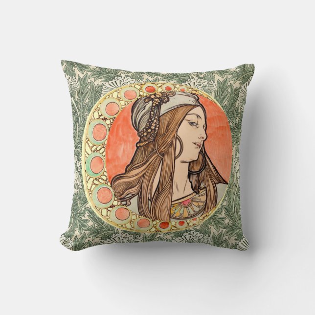Goddess of beauty by Alphonse Maria Mucha  Throw Pillow (Front)