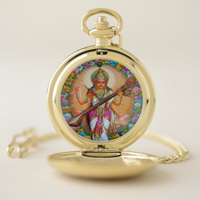 Goddess of Knowledge Saraswati Hindu Divinity Pocket Watch (Inside)