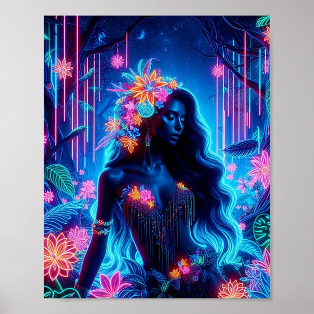 Goddess Of Light Neon glow Forest fantasy art Poster (Front)