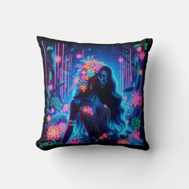 Goddess Of Light Neon glow Forest fantasy art Throw Pillow (Front)