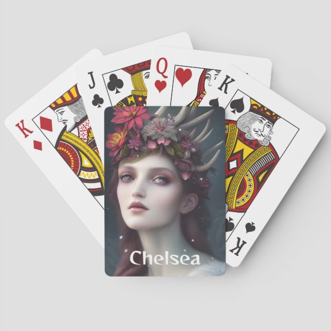 Goddess of Winter Fantasy Floral Portrait    Poker Cards (Back)