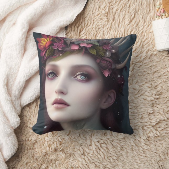 Goddess of Winter Fantasy Floral Portrait    Throw Pillow (Blanket)