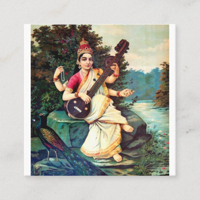 Goddess Saraswati By Raja Ravi Varma Square Business Card (Front)